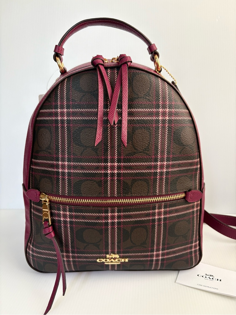 Coach Jordyn Backpack  Signature Plaid Brown/Fuchsia MFSRP $428 NWT